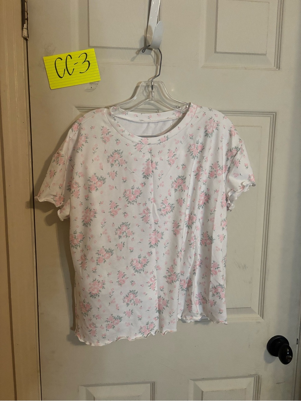 White Floral Short Sleeve Tee with Pink Roses and shorts pajamas